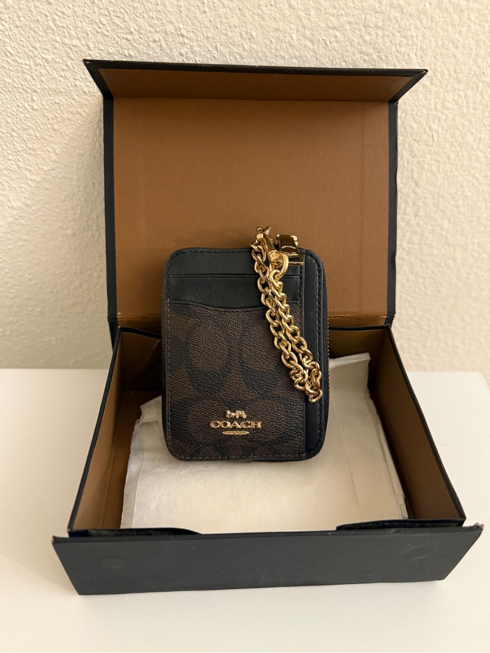Coach Brown and Black Signature Zip Card Case Holder with Gold Chain